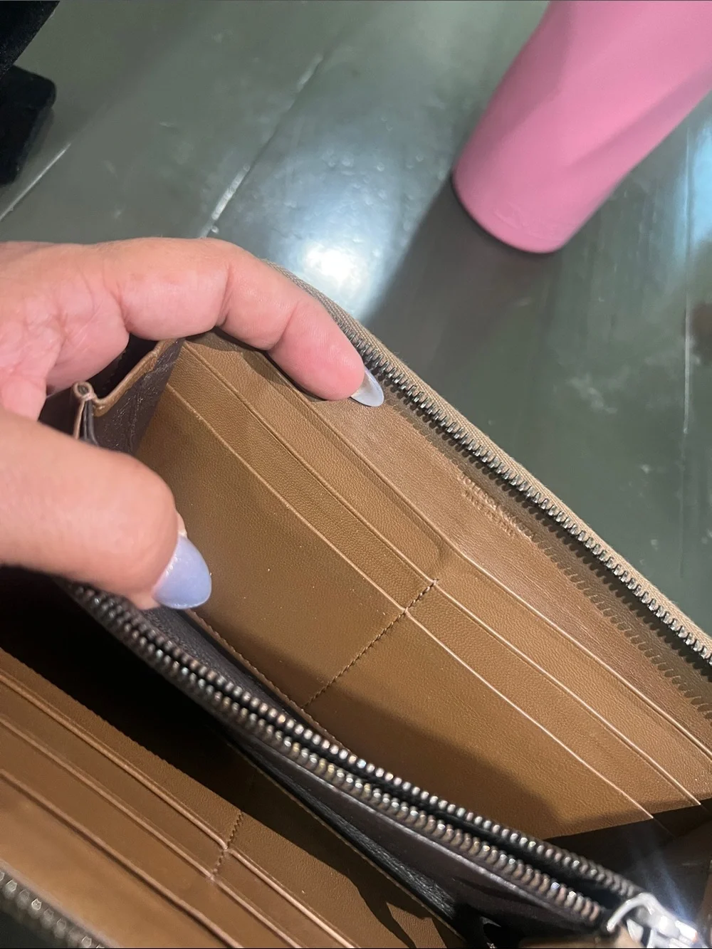 Bottega Veneta Tan Woven Zip Wallet